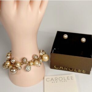 Carolee Bracelet Earring Boxed Set Charm Bracelet Pearls Dangling Pave GlobesNEW